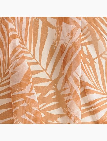 Voilage imprimé palmes à œillets 140x240cm prêt à poser, blanc et gris foncé