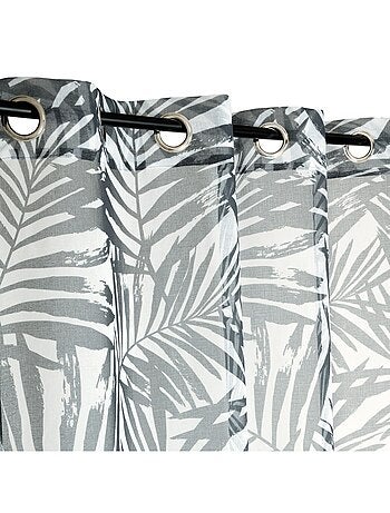 Voilage imprimé palmes à œillets 140x240cm prêt à poser, blanc et gris foncé