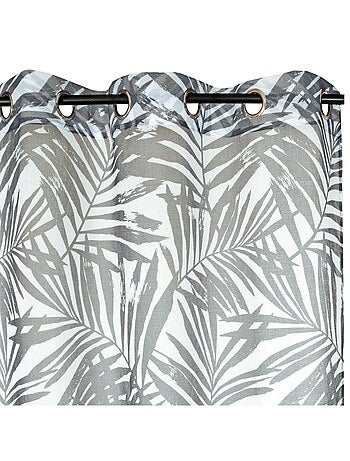 Voilage imprimé palmes à œillets 140x240cm prêt à poser, blanc et gris foncé