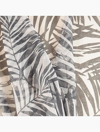 Voilage imprimé palmes à œillets 140x240cm prêt à poser, blanc et gris foncé