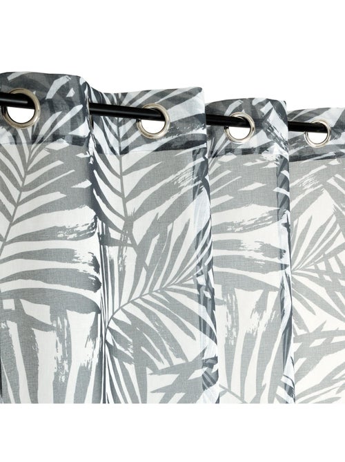 Voilage imprimé palmes à œillets 140x240cm prêt à poser, blanc et gris foncé - Kiabi
