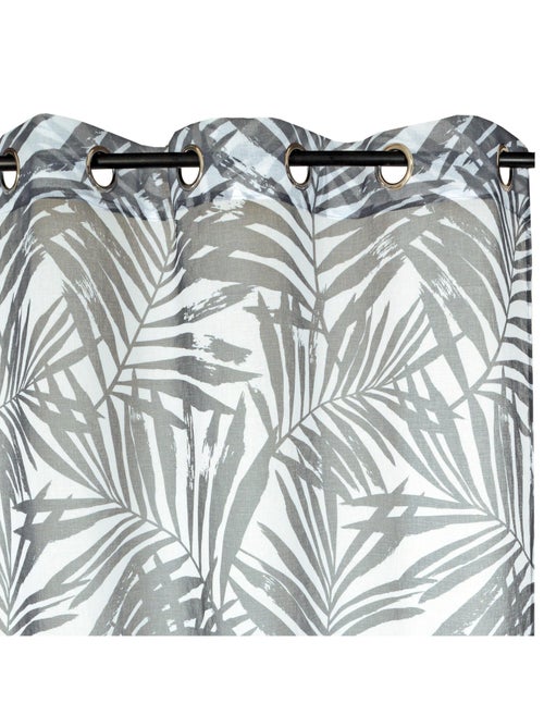 Voilage imprimé palmes à œillets 140x240cm prêt à poser, blanc et gris foncé - Kiabi