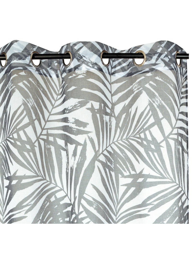 Voilage imprimé palmes à œillets 140x240cm prêt à poser, blanc et gris foncé Gris Argenté - Kiabi