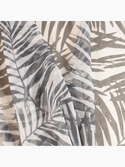 Voilage imprimé palmes à œillets 140x240cm prêt à poser, blanc et gris foncé - Kiabi