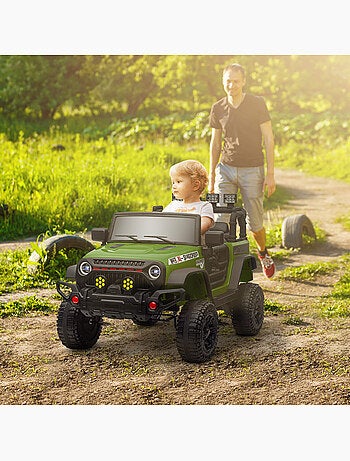 Voiture 4x4 électrique enfant style safari - 3 vitesses, nombreux effets - noir vert