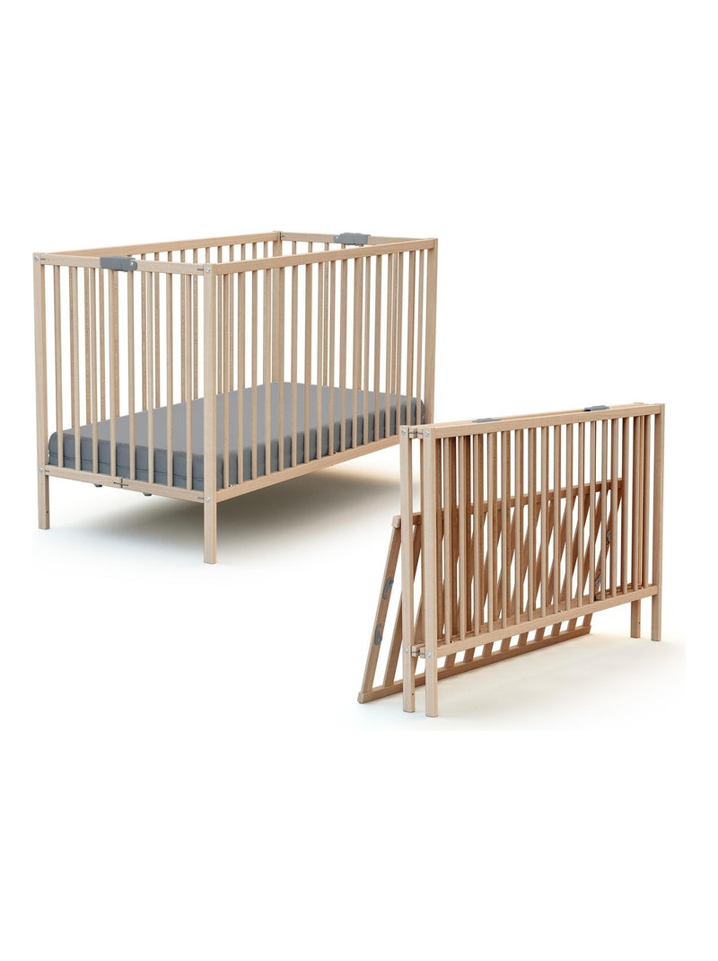 WEBABY - Lit bébé pliant en bois avec matelas 60 x 120 cm FLEX Marron noisette - Kiabi