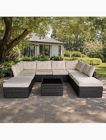 YANUCA - Salon de jardin 8 places en résine tressée noir et beige