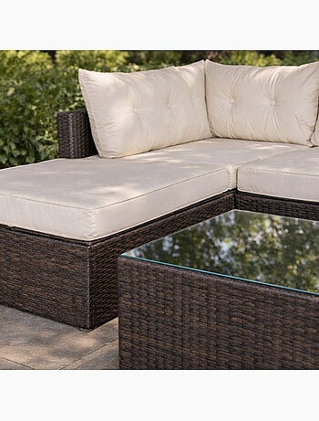 YANUCA - Salon de jardin 8 places en résine tressée noir et beige