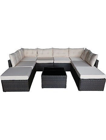 YANUCA Salon de jardin 8 places en résine tressée noir et beige