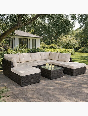 YANUCA Salon de jardin 8 places en résine tressée noir et beige