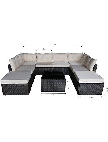 YANUCA Salon de jardin 8 places en résine tressée noir et beige