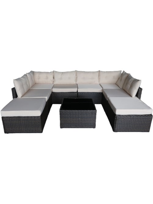 YANUCA Salon de jardin 8 places en résine tressée noir et beige - Kiabi