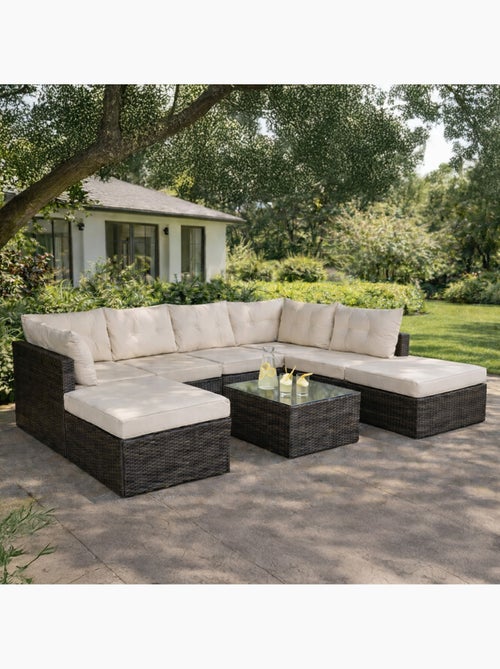 YANUCA Salon de jardin 8 places en résine tressée noir et beige - Kiabi