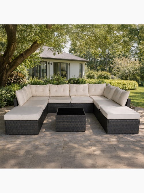 YANUCA Salon de jardin 8 places en résine tressée noir et beige - Kiabi