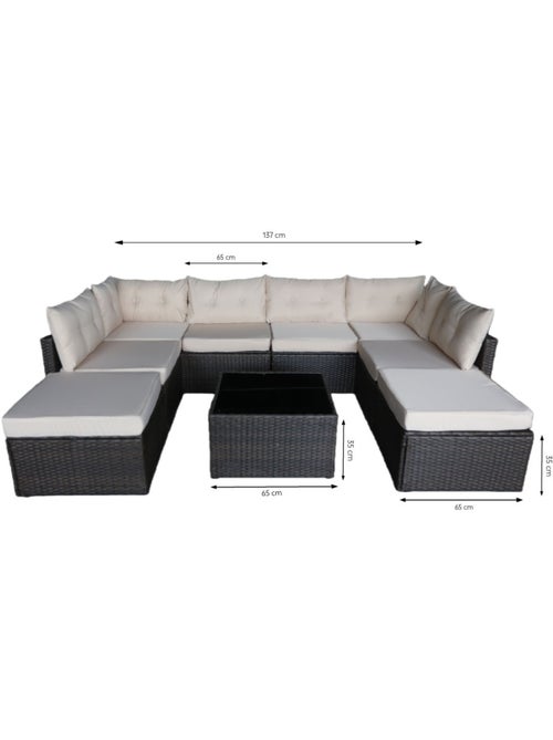 YANUCA Salon de jardin 8 places en résine tressée noir et beige - Kiabi