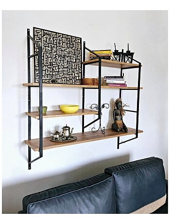 YOMI Etagère murale design en métal - 4 rangements - bois et noir