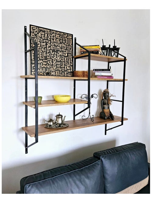YOMI Etagère murale design en métal - 4 rangements - bois et noir - Kiabi