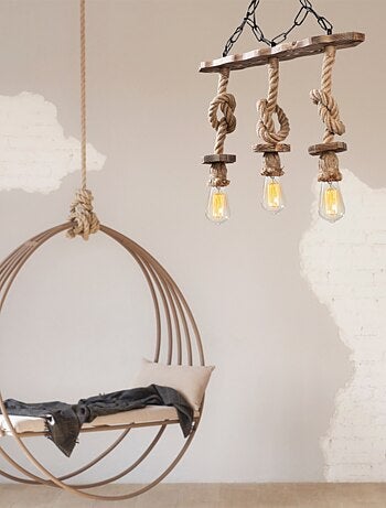 ZYA - Suspension rustique filaire 3 lampes cordes et bois