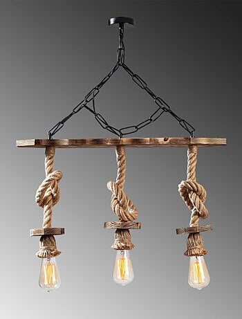 ZYA - Suspension rustique filaire 3 lampes cordes et bois
