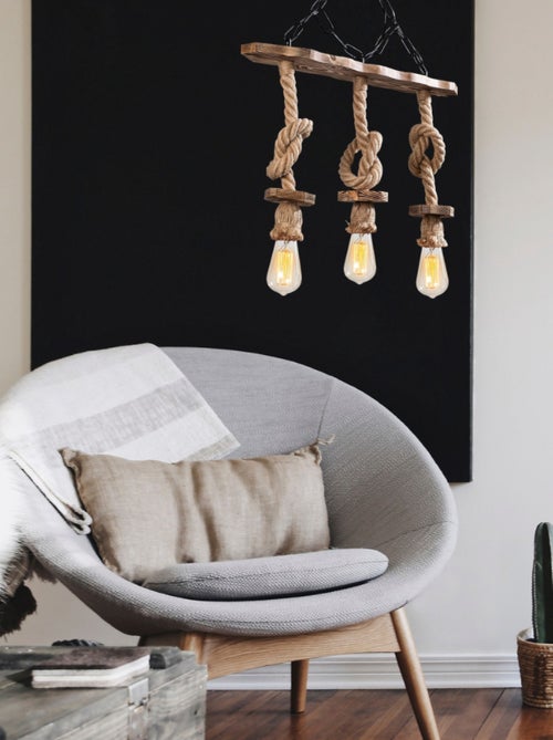 ZYA Suspension rustique filaire 3 lampes cordes et bois - Kiabi
