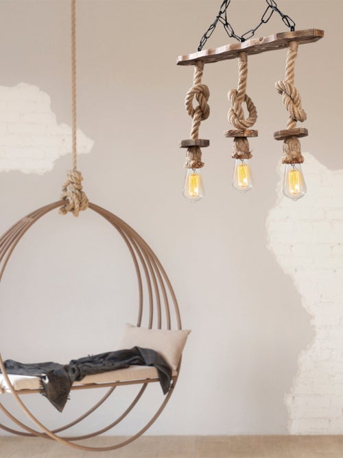 ZYA Suspension rustique filaire 3 lampes cordes et bois - Kiabi
