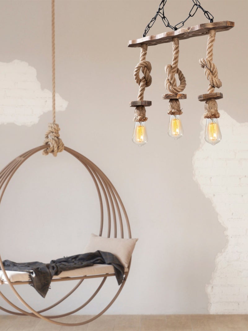 ZYA Suspension rustique filaire 3 lampes cordes et bois Marron - Kiabi